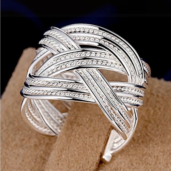 Braided Design Sterling Silver Bangle Cuff Bracelet Matching Ring Set - Picture 11 of 12